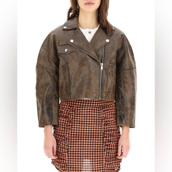 GANNI Washed Perfecto Brown Leather Cropped Biker Jacket size 36 US S Sold Out - Picture 3 of 16